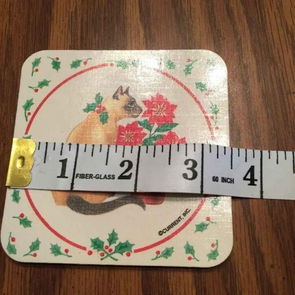 Vintage Christmas Coasters Siamese Cat Poinsettia Holly 6pc‎ Cork Back Y2K Retro